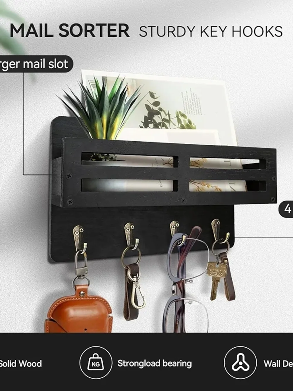 Wall-Mounted Mail & Key Organizer Rack in Black